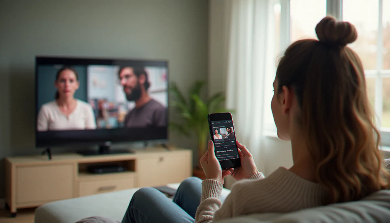 Femme regardant une mobile série télévisée sur son smartphone dans un salon moderne et lumineux