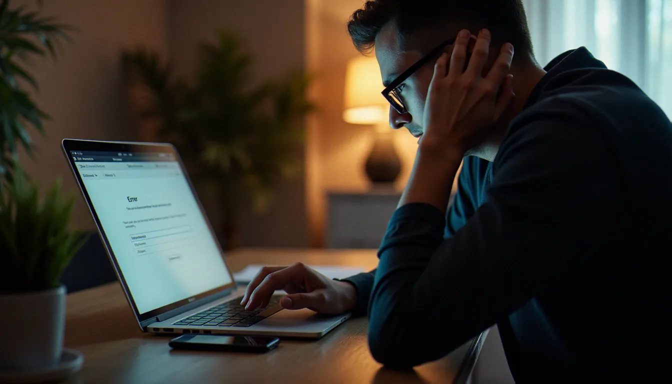 Personne assise devant un ordinateur portable affichant une erreur de connexion, avec un smartphone posé à côté montrant une absence de réseau mobile