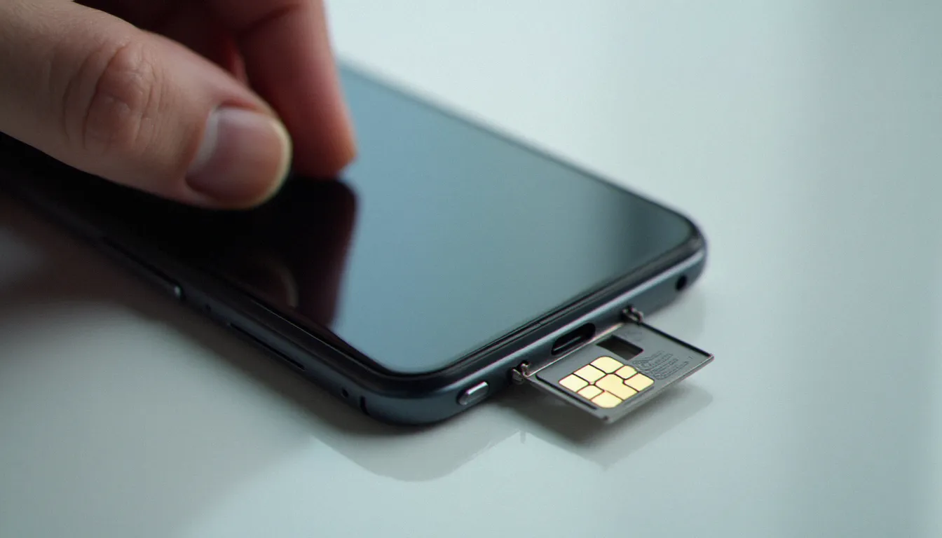 Gros plan sur une carte SIM retirée d'un smartphone à l'aide d'un outil d'éjection, illustrant la vérification matérielle lors d'un problème Mobile Connect