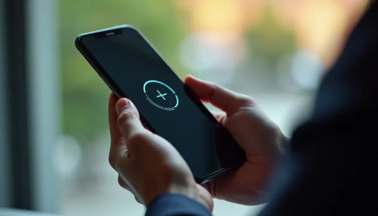 Main tenant un smartphone affichant un écran d'authentification Mobile Connect avec un indicateur de chargement, illustrant un problème de connexion Mobile Connect