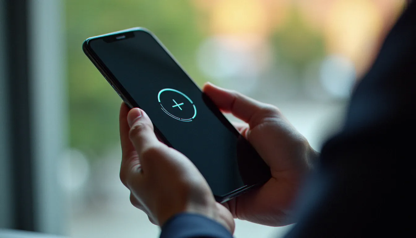 Main tenant un smartphone affichant un écran d'authentification Mobile Connect avec un indicateur de chargement, illustrant un problème de connexion Mobile Connect