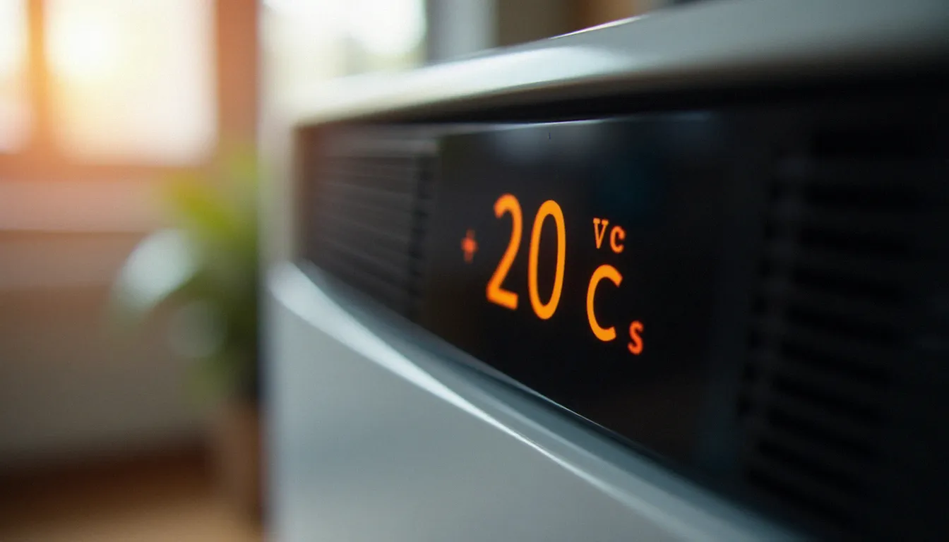 Panneau de contrôle d'un radiateur mobile avec thermostat électronique affichant la température de consigne