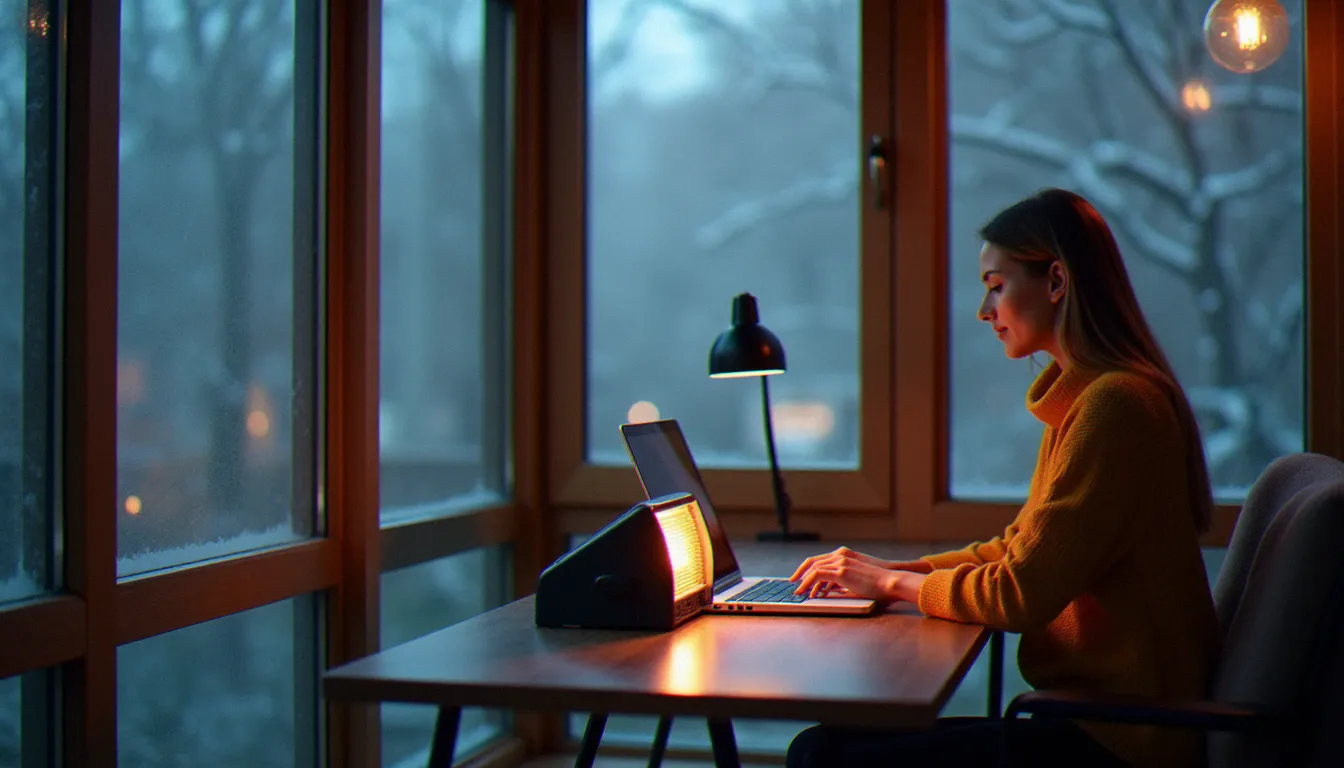 Femme en télétravail dans une véranda froide chauffée par un radiateur infrarouge mobile orienté vers son bureau