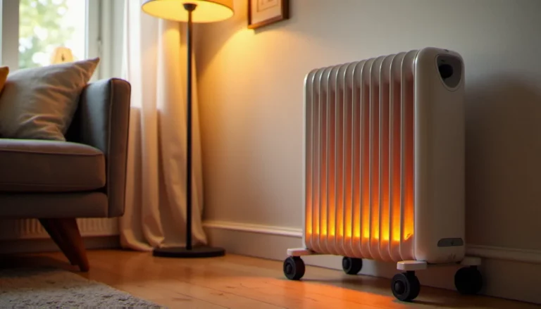 Radiateur mobile efficace à bain d'huile positionné dans un salon chaleureux avec parquet en bois