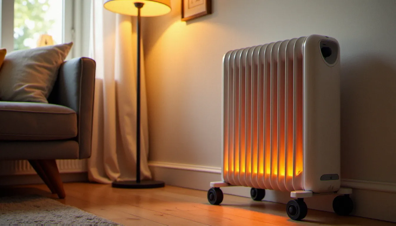 Radiateur mobile efficace à bain d'huile positionné dans un salon chaleureux avec parquet en bois