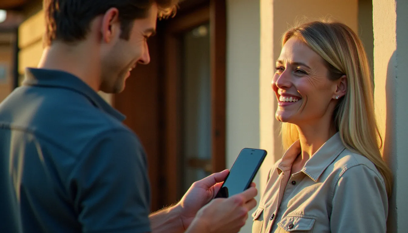 Cliente recevant son smartphone réparé à son domicile après l'intervention d'un prestataire de resto mobile dans l'Allier
