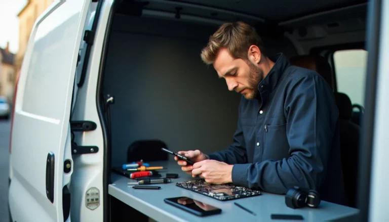 Technicien en réparation mobile intervenant sur un smartphone dans un atelier itinérant, service de resto mobile à Commentry
