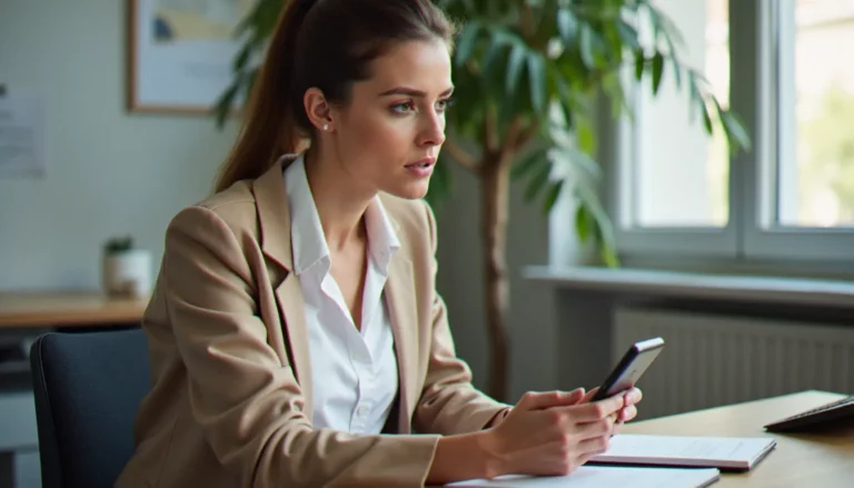 Une femme hésitant à utiliser son téléphone portable, illustrant la question du blocage téléphonique
