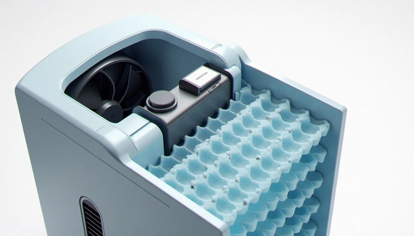 Vue interne d'un rafraîchisseur évaporatif montrant les filtres alvéolaires humides et le ventilateur, expliquant le fonctionnement d'un appareil sans conduit d'évacuation