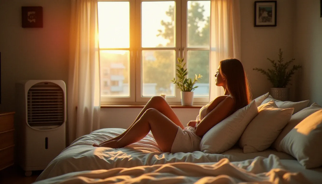 Personne confortablement installée dans une chambre en été avec un rafraîchisseur évaporatif en fonctionnement et une fenêtre entrouverte pour optimiser le confort sans système d'évacuation