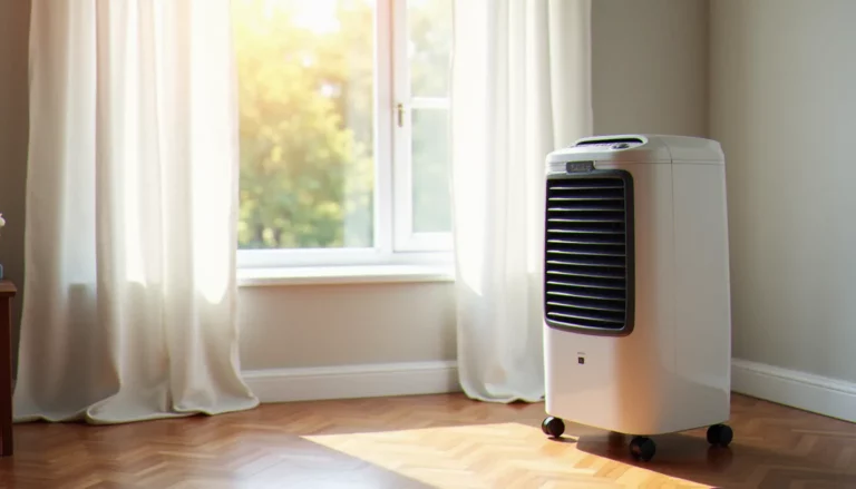 Rafraîchisseur d'air mobile évaporatif sans évacuation positionné près d'une fenêtre dans un salon lumineux, illustrant le concept de climatiseur mobile efficace sans évacuation