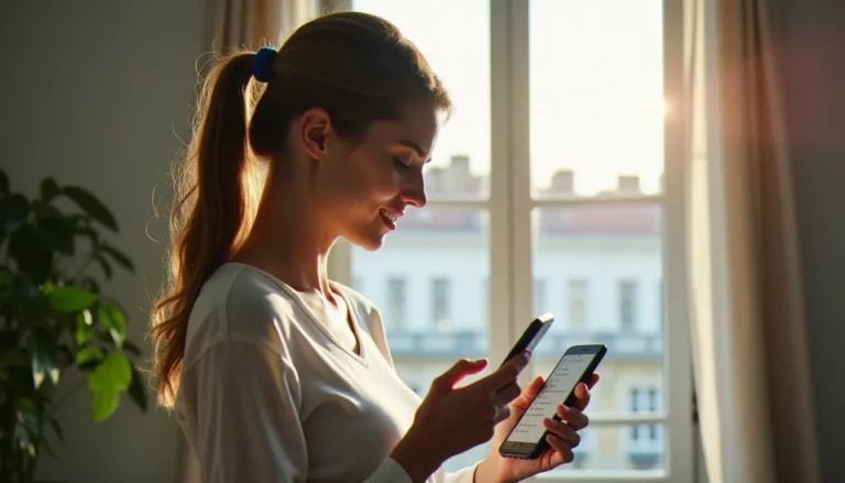 Femme consultant son mobile avec forfait Bouygues dans un appartement lumineux