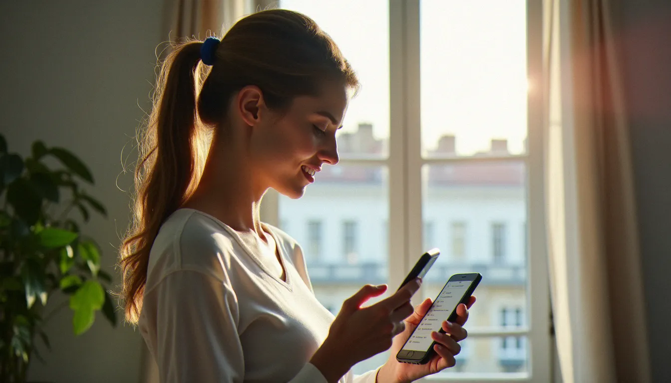 Femme consultant son mobile avec forfait Bouygues dans un appartement lumineux