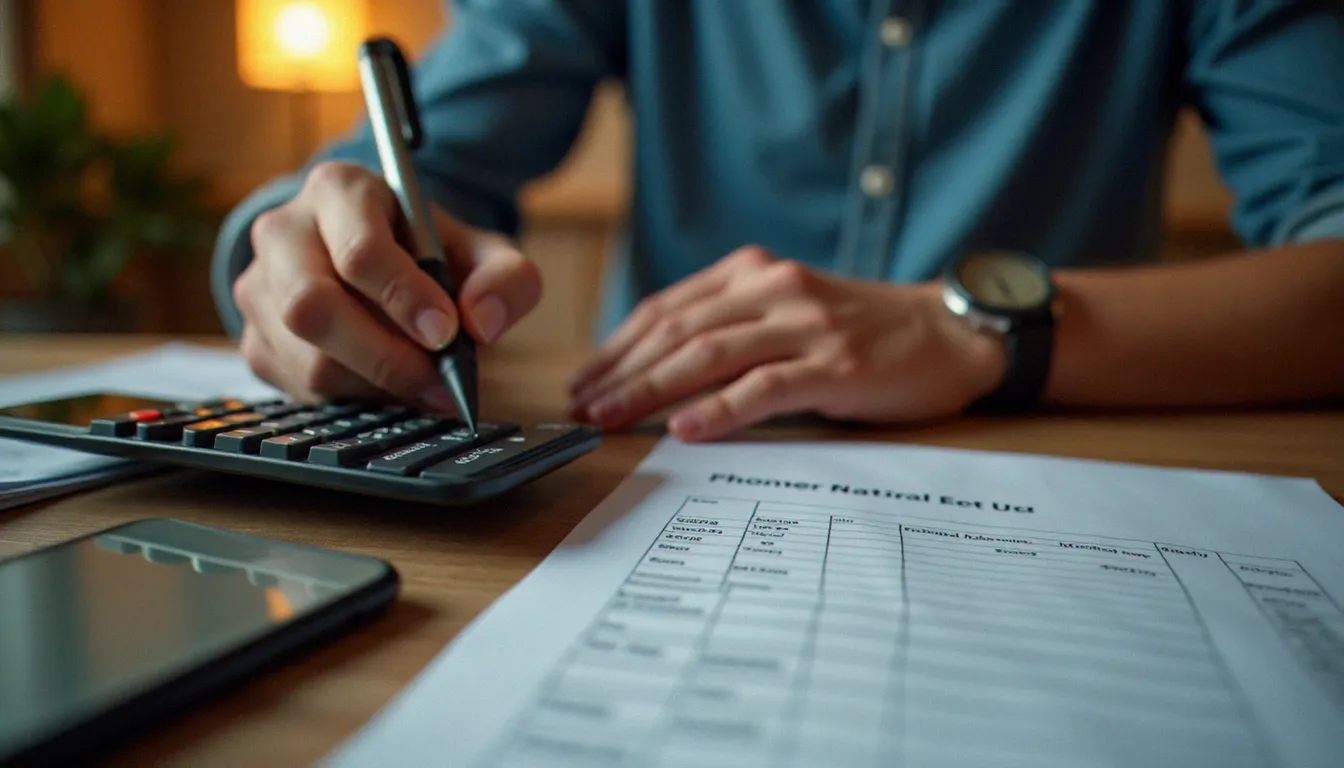 Calcul du coût total d'un mobile avec forfait sur 24 mois à l'aide d'une calculatrice et d'une facture posée sur un bureau