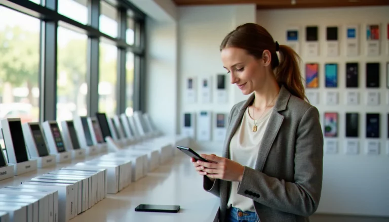 Une cliente examinant un mobile avec forfait Orange dans une boutique lumineuse moderne