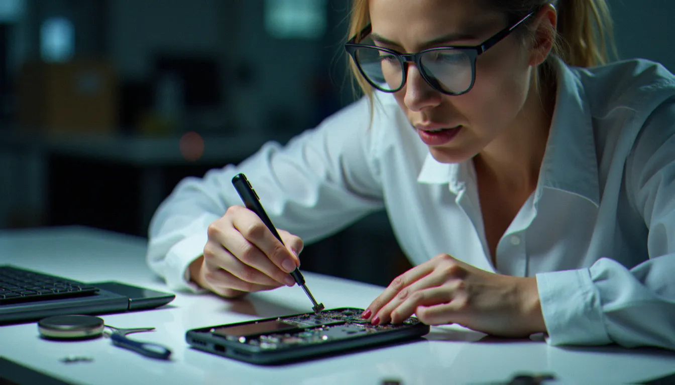 Technicienne mobile inspectant les composants internes d'un smartphone démonté pour évaluer sa réparabilité selon les critères de choix actuels