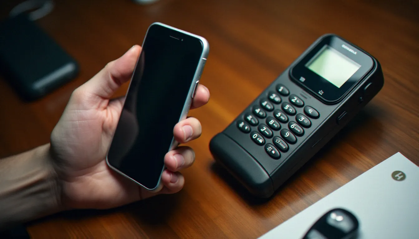 Comparaison entre un smartphone moderne et le premier téléphone mobile Motorola DynaTAC, illustration de l'évolution depuis l'invention du mobile
