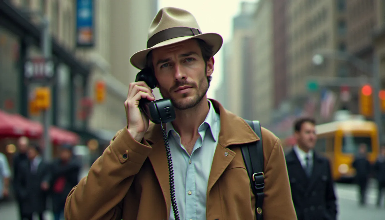 Reconstitution photographique d'un ingénieur utilisant le premier prototype de téléphone mobile dans les rues de New York en 1973