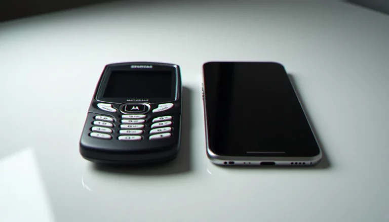 Comparaison entre le premier téléphone mobile Motorola DynaTAC des années 1980 et un smartphone moderne, illustrant l'évolution du mobile avishkar kisne kiya