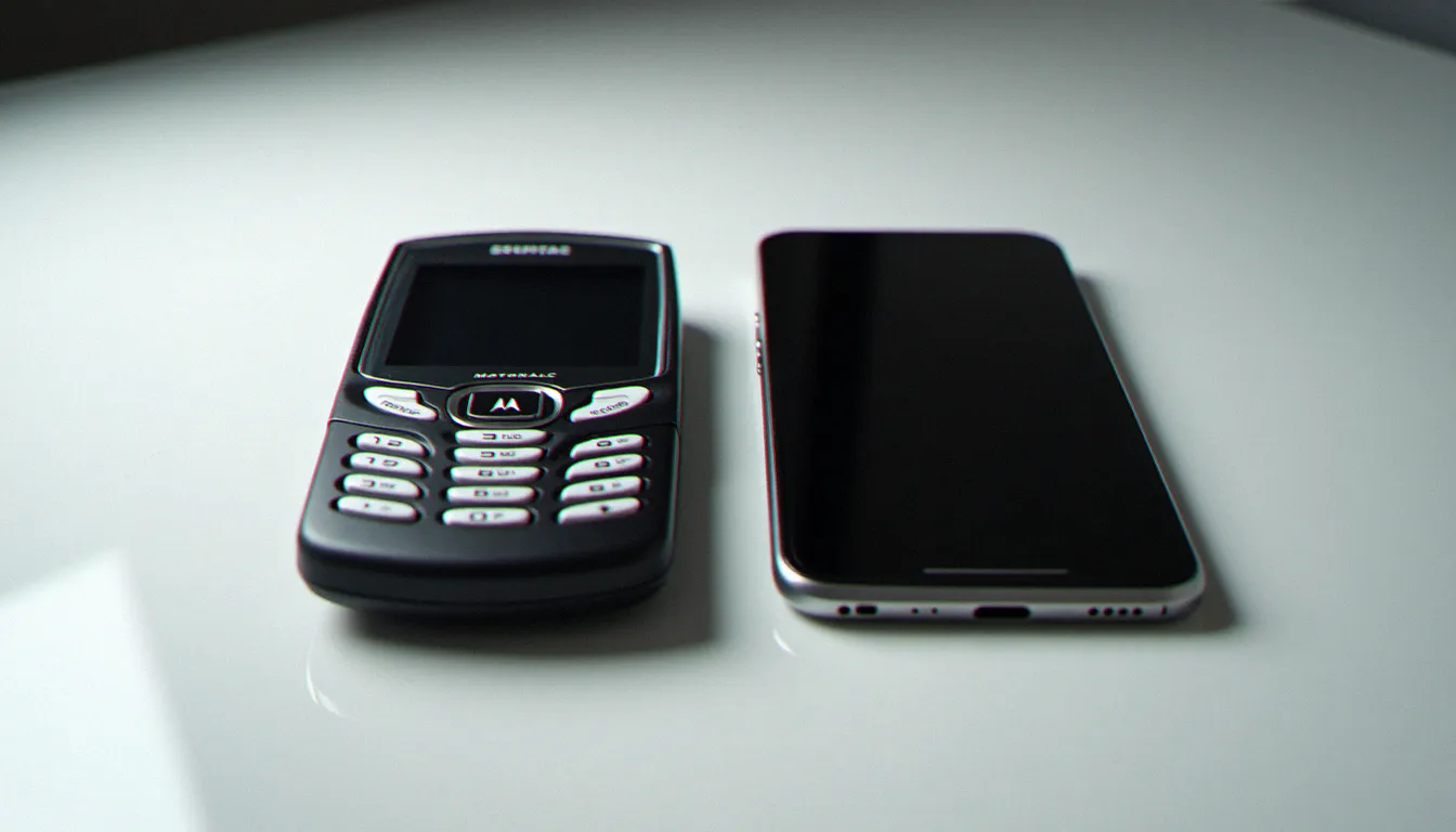 Comparaison entre le premier téléphone mobile Motorola DynaTAC des années 1980 et un smartphone moderne, illustrant l'évolution du mobile avishkar kisne kiya
