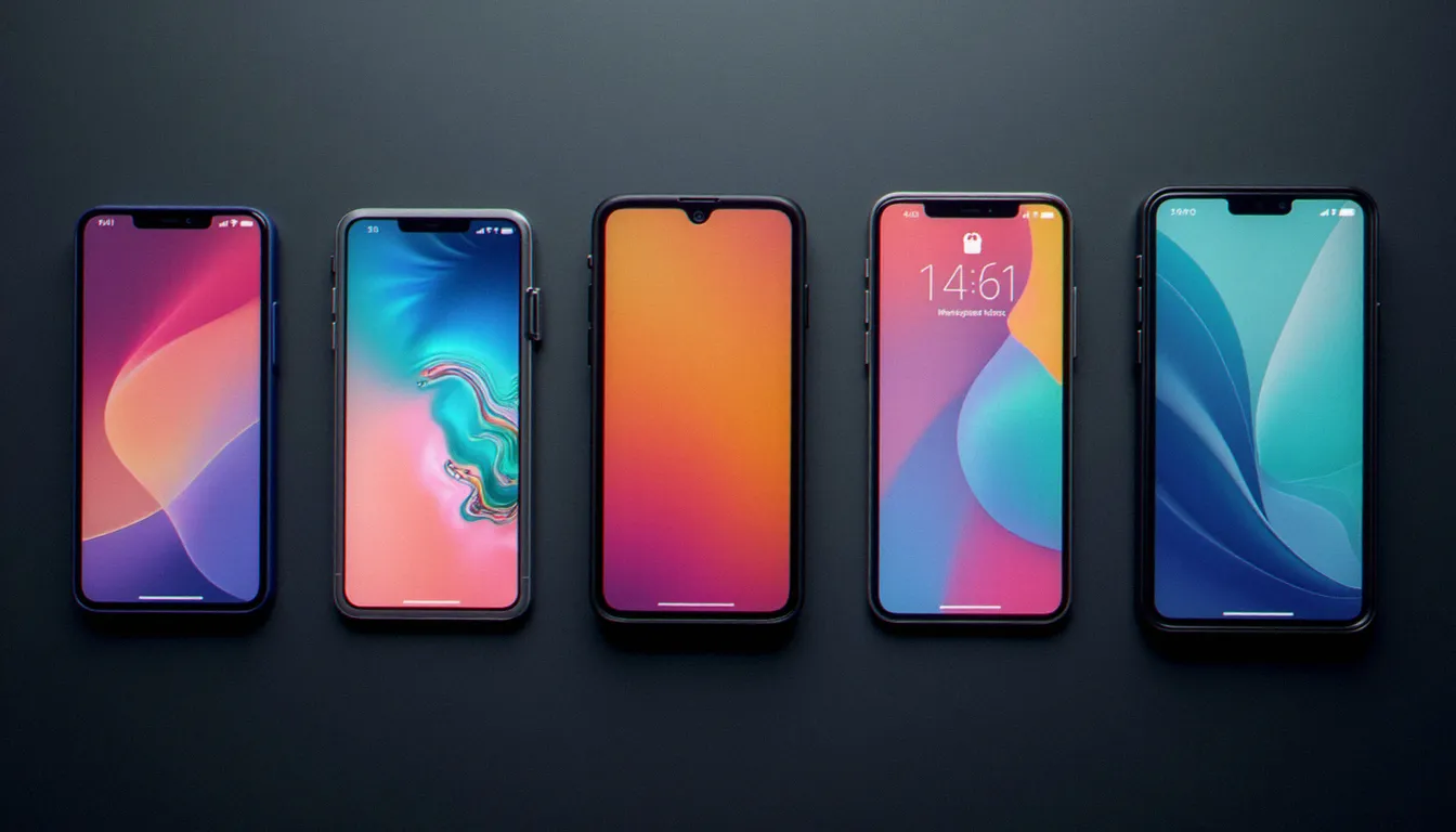 Comparatif de six smartphones de grandes marques disposés côte à côte, illustrant la diversité du marché mobile en 2026