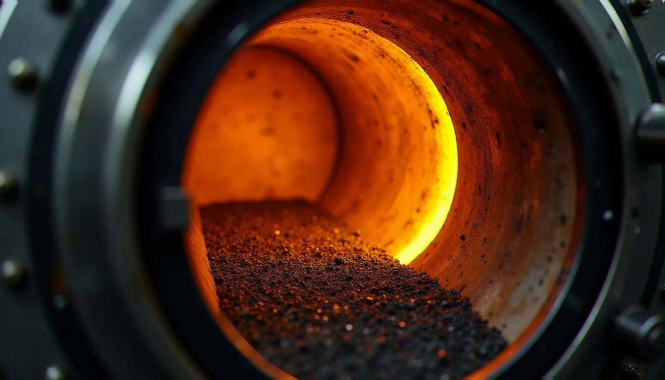 Vue en coupe d'une chambre de pyrolyse de mobile biochar machine avec incandescence orange intense et biomasse en cours de transformation thermique