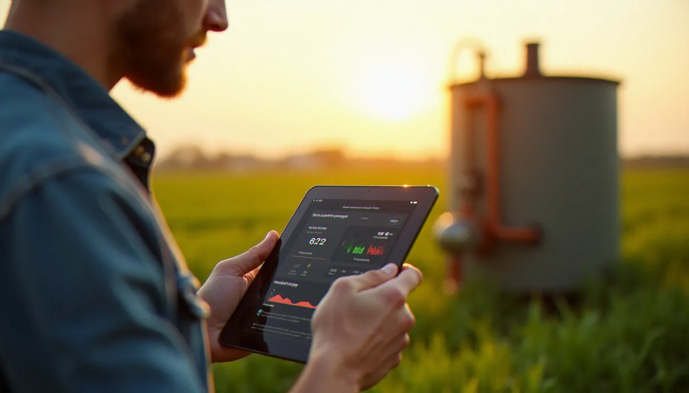 Un agriculteur consultant une tablette pour piloter à distance une mobile biochar machine connectée visible en arrière-plan dans un champ ensoleillé