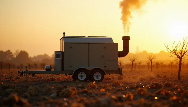 Une mobile biochar machine compacte sur remorque installée dans un champ agricole, entourée de sarments de vigne secs prêts à être transformés en biochar