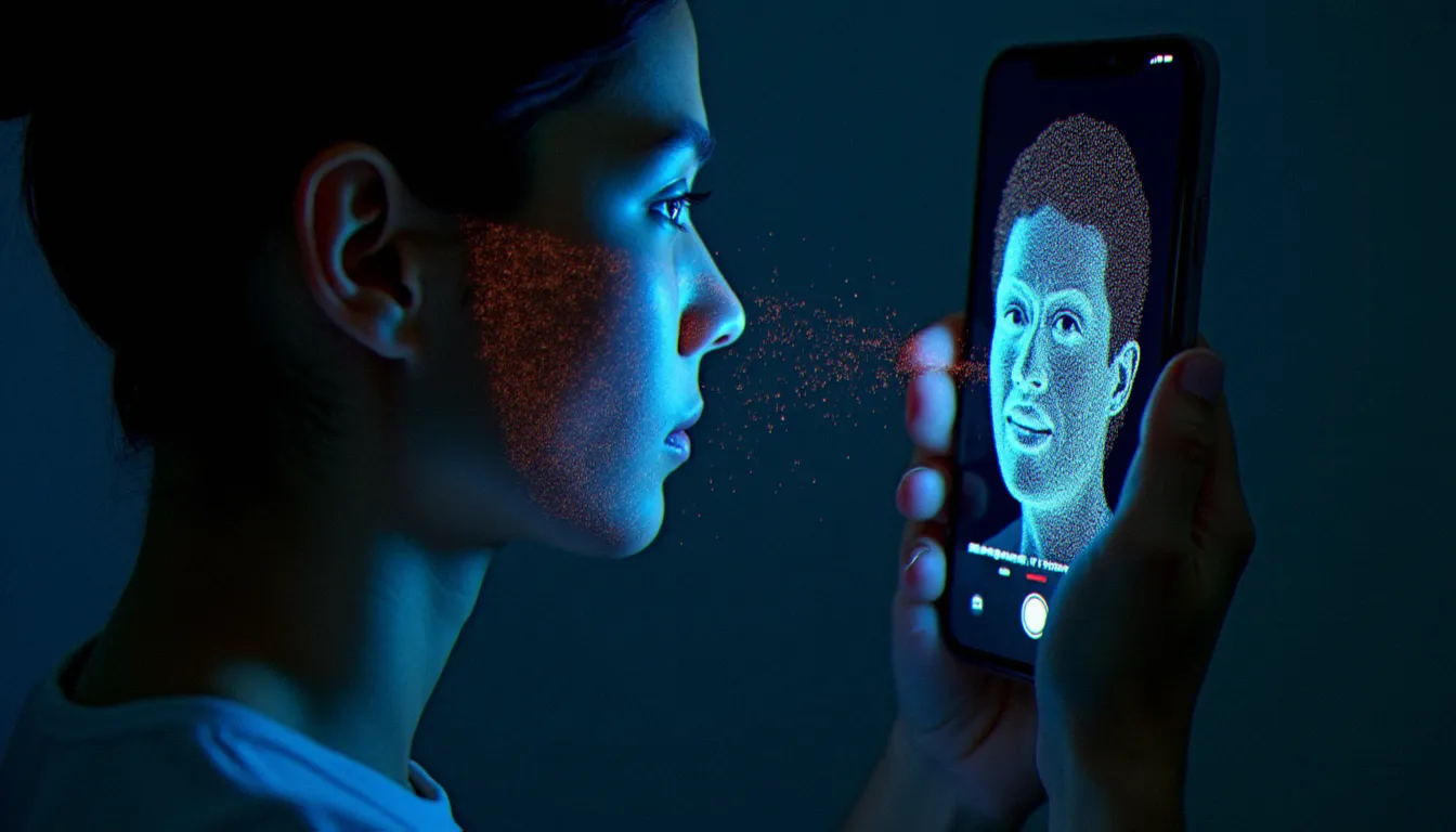 Projection de points infrarouges sur le visage d'un utilisateur lors d'une authentification par reconnaissance faciale 3D sur un mobile biometric device