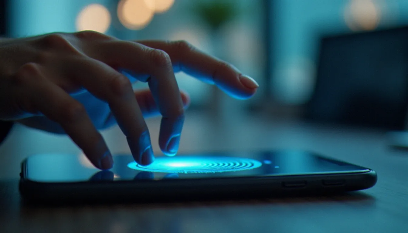 Doigt posé sur le capteur biométrique d'un mobile biometric device affichant une interface d'authentification par empreinte digitale