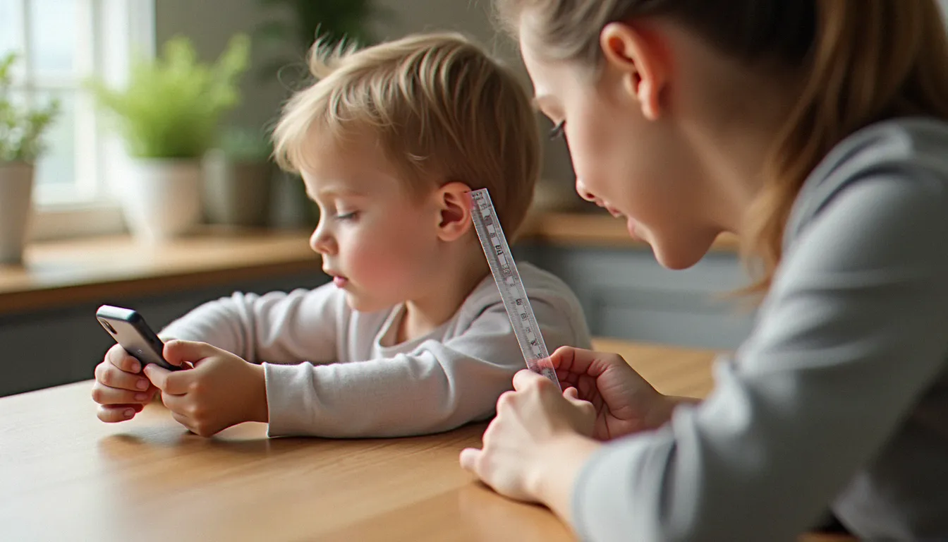 Main d'un parent mesurant la distance de sécurité entre un téléphone et l'oreille d'un enfant avec une règle transparente