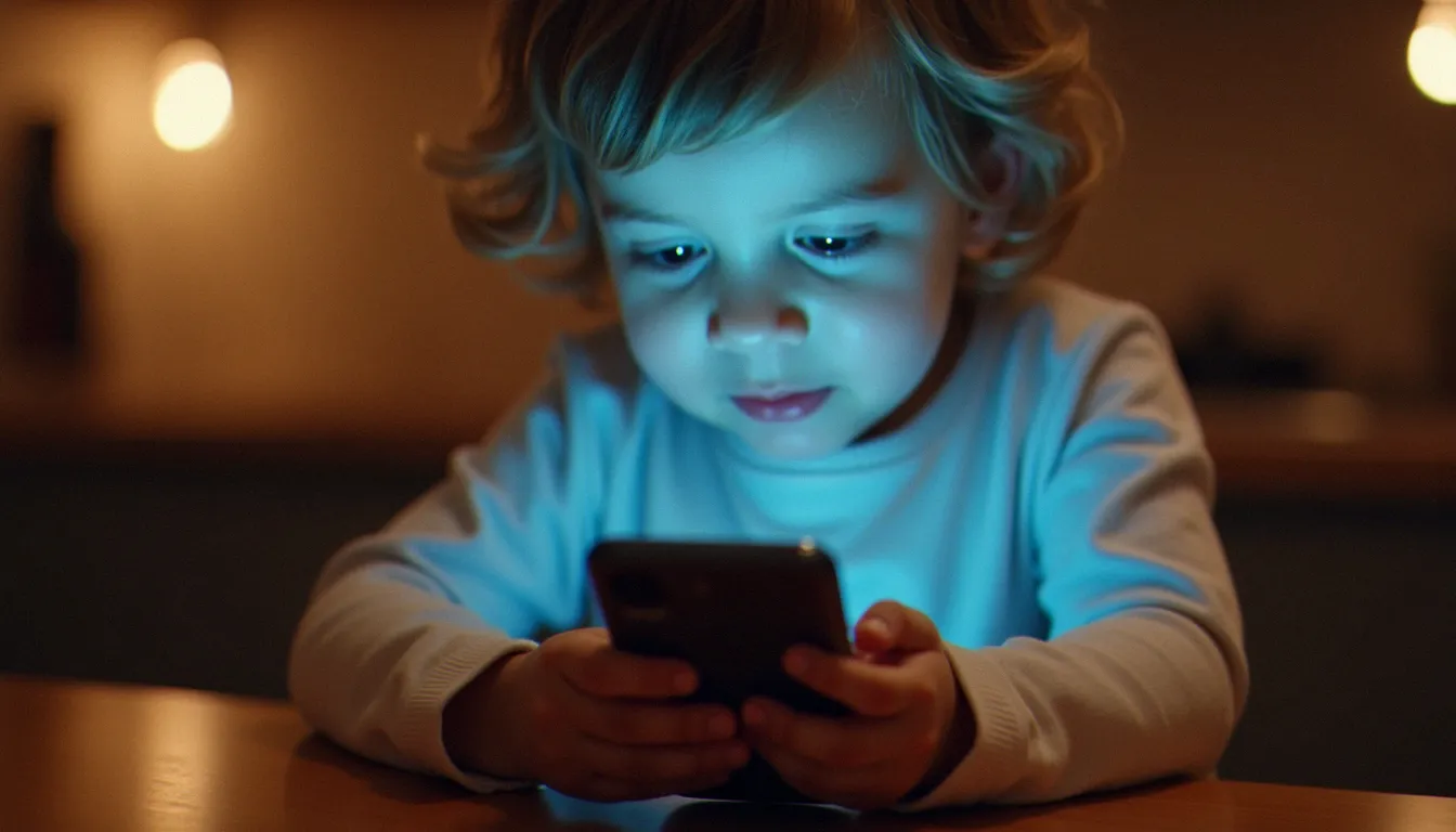 Enfant de 5 ans utilisant un smartphone très proche de son visage, illustrant le mobile danger children et l'exposition rapprochée aux ondes