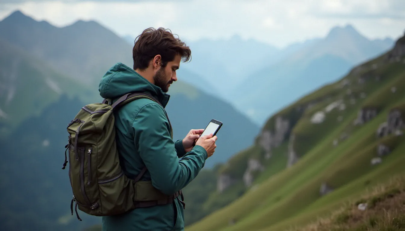 Une personne en montagne vérifie la couverture réseau de son mobile sans engagement en zone alpine