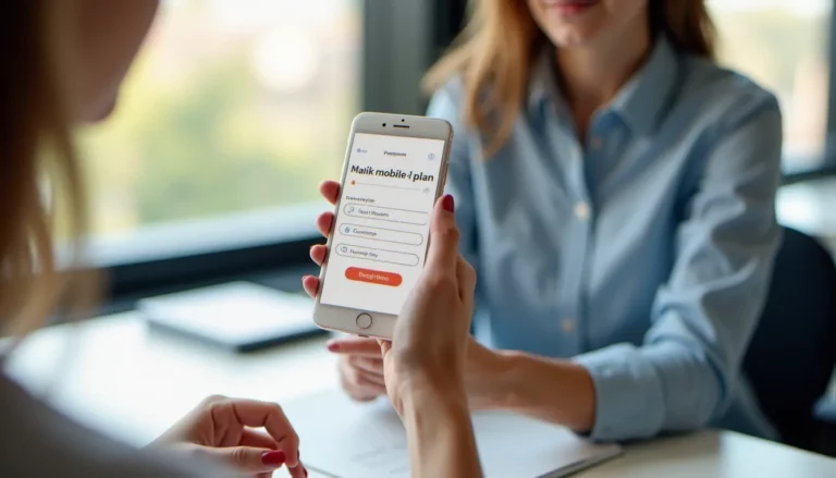 Une femme consulte les offres de mobile sans engagement Free sur son smartphone dans un bureau lumineux