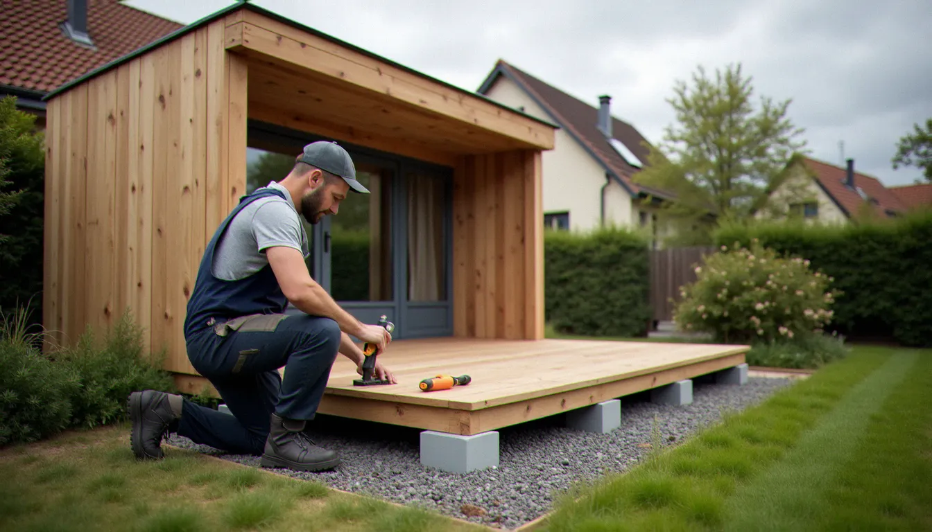 Installateur professionnel posant les plots réglables d'un module préfabriqué en bois dans un jardin du nord de la France, étape clé de l'installation d'un mobile sans permis
