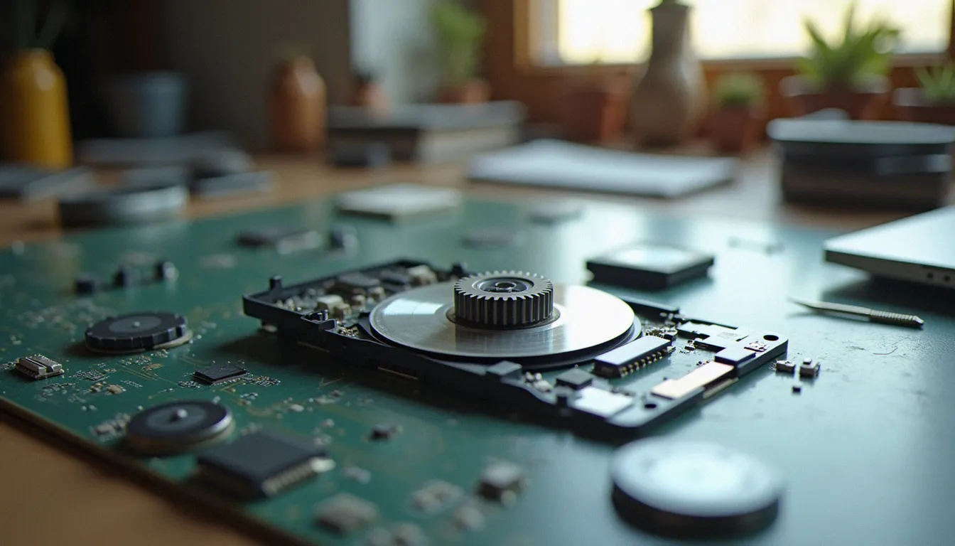 Module CD de téléphone portable démonté sur un établi, présentant les engrenages, le moteur de plateau et le connecteur FPC en détail