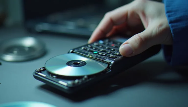 Mobile avec CD ouvert montrant le mécanisme laser et la lentille objective, avec un disque compact posé à proximité sur un établi de réparation