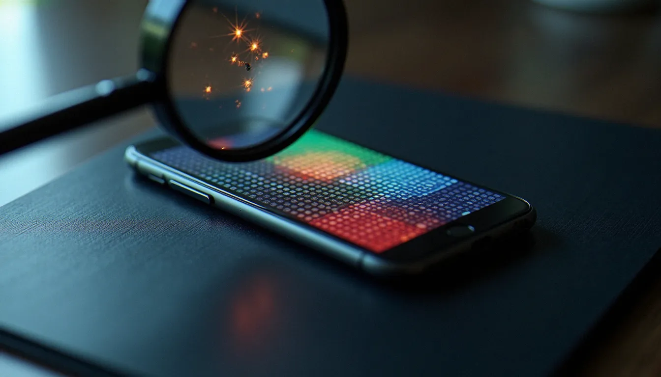 Smartphone posé sur un tapis de diagnostic avec motifs de test colorés et loupe montrant un artefact de sous-pixel sur l'écran