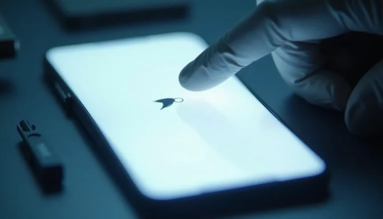 Écran de smartphone sur fond blanc présentant un artefact sombre en forme d'oiseau, pointé par un doigt ganté, illustration d'un mobile avec oiseaux