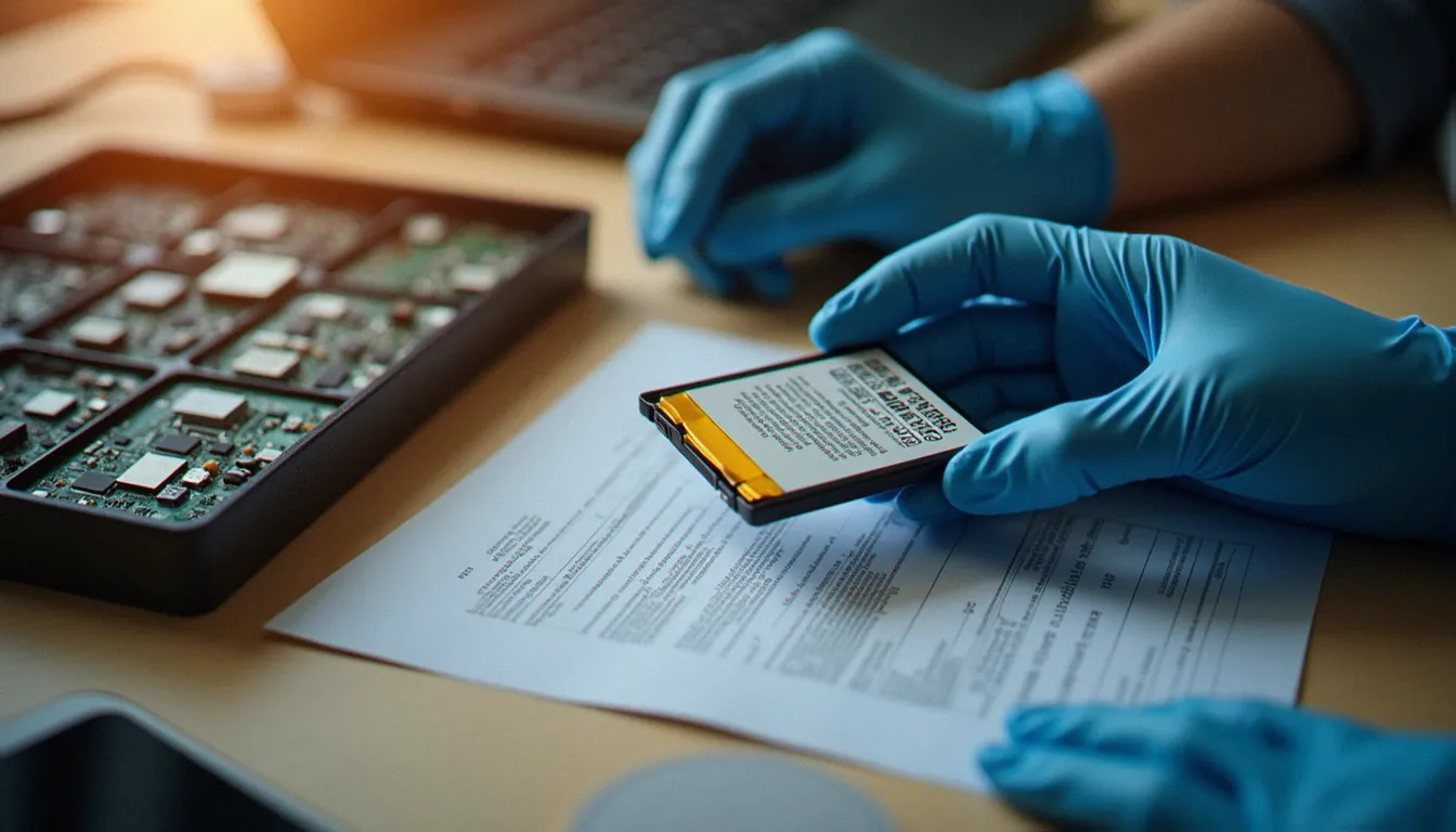 Les mains d'un technicien présentent une batterie de smartphone devant un rapport de diagnostic imprimé, avec des composants électroniques triés en arrière-plan.