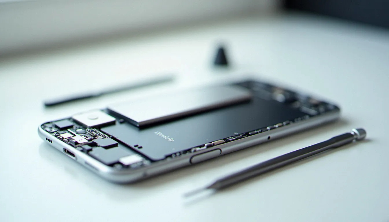 Vue en gros plan d'un smartphone ouvert sur un plan de travail propre, montrant la batterie et la carte mère, avec des outils de précision à côté, illustrant un mobile bio service.