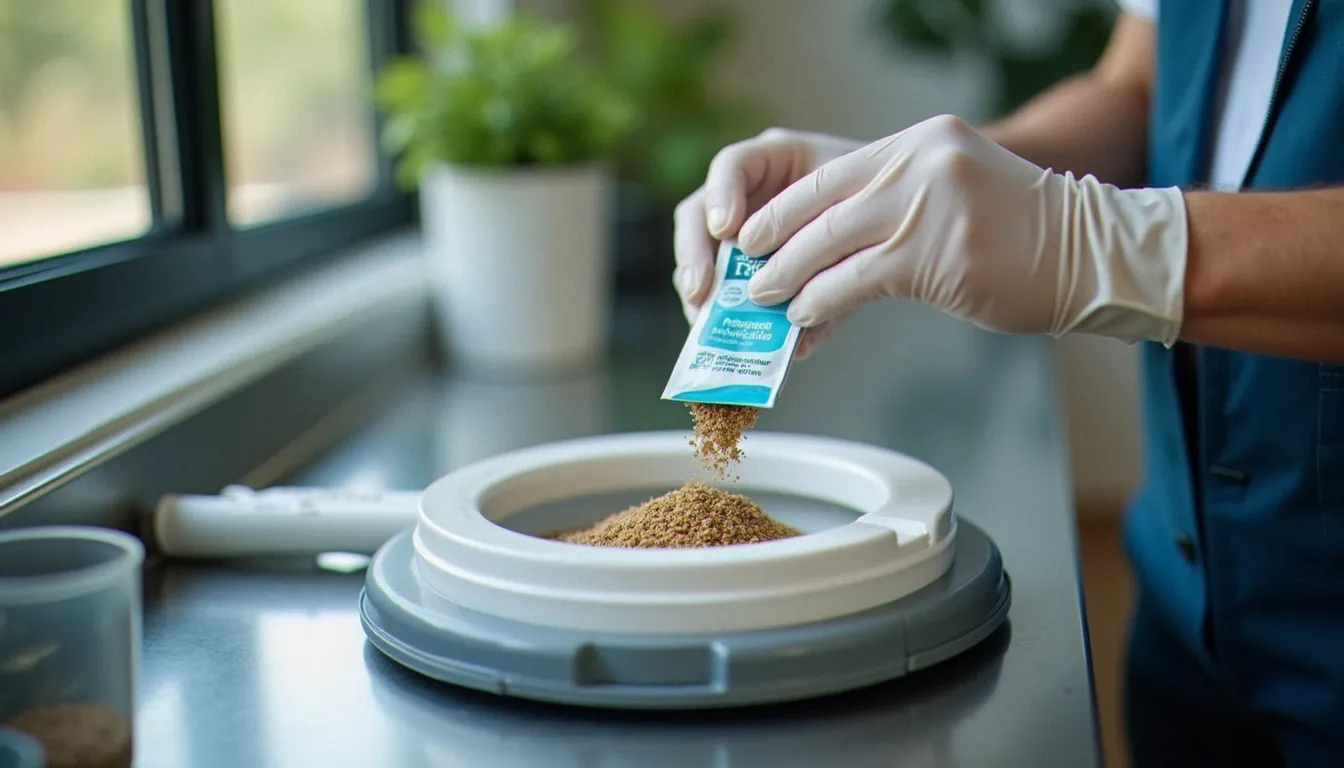 Verre de bactéries inoculantes en train d'être introduit dans la chambre de fermentation d'un mobile bio toilet