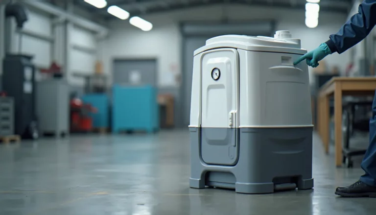 Vue de face d'un mobile bio toilet de 30 litres en position ouverte, avec indication du niveau de remplissage, sur sol de laboratoire