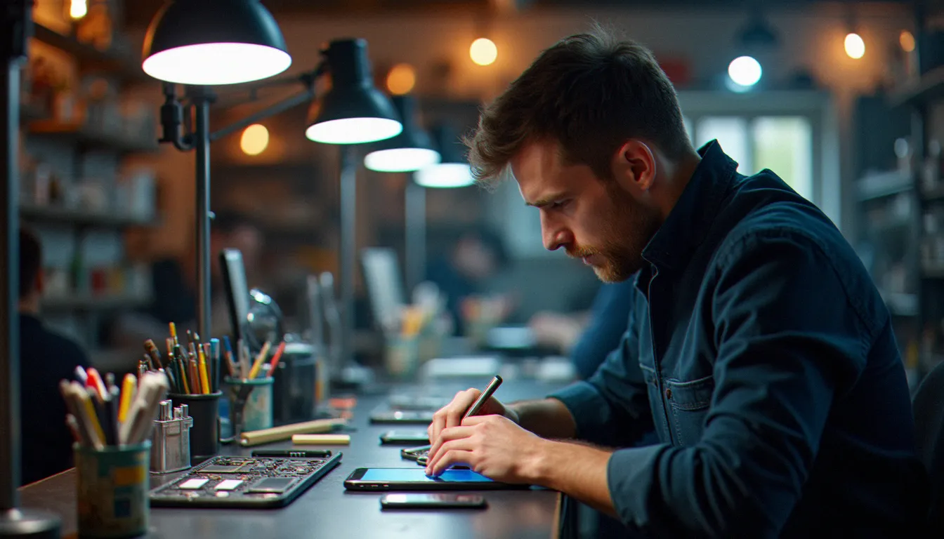 Technicien réparant un smartphone dans une boutique mobile tech Paris 15