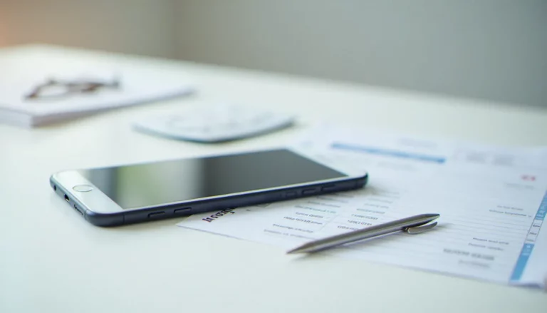 Smartphone posé sur un bureau à côté d'un document d'estimation pour une reprise mobile