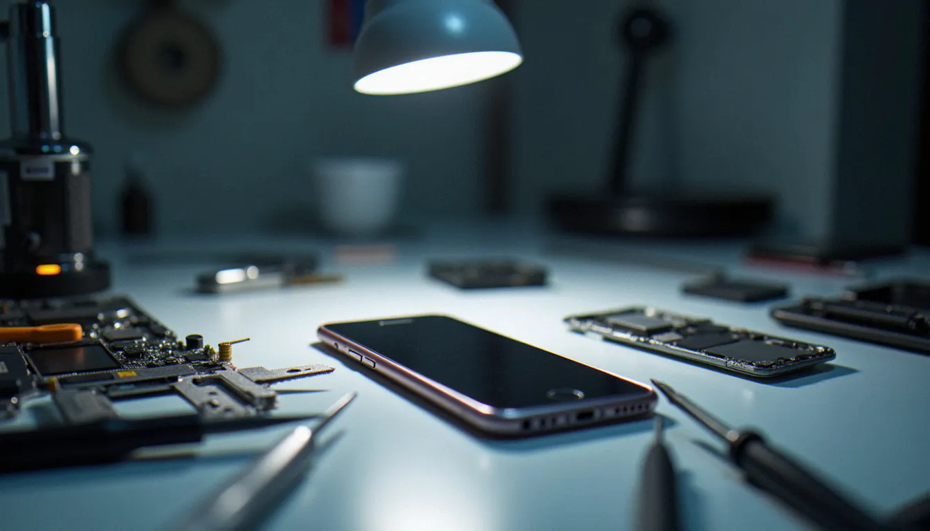 Postes de travail d'un service mobile avec outils de réparation et smartphone en cours de diagnostic