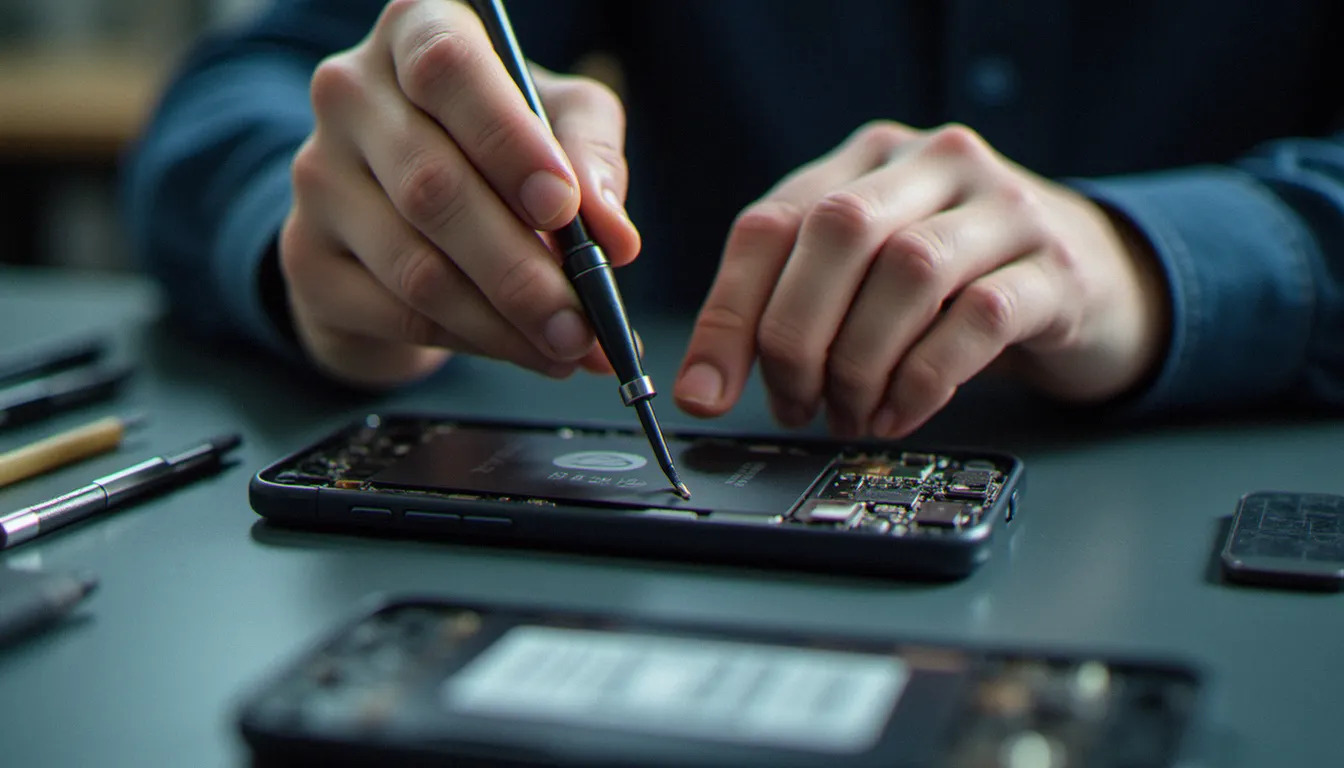 Remplacement de batterie de smartphone par un technicien avec outils de précision