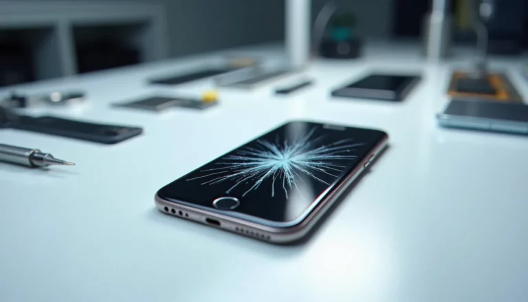 Espace de réparation de smartphone avec écran fissuré et outils de précision