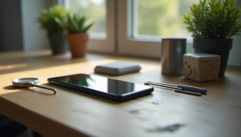Smartphone et outils de réparation sur un bureau en bois