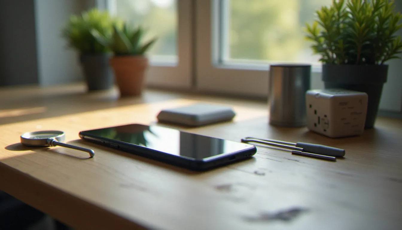 Smartphone et outils de réparation sur un bureau en bois